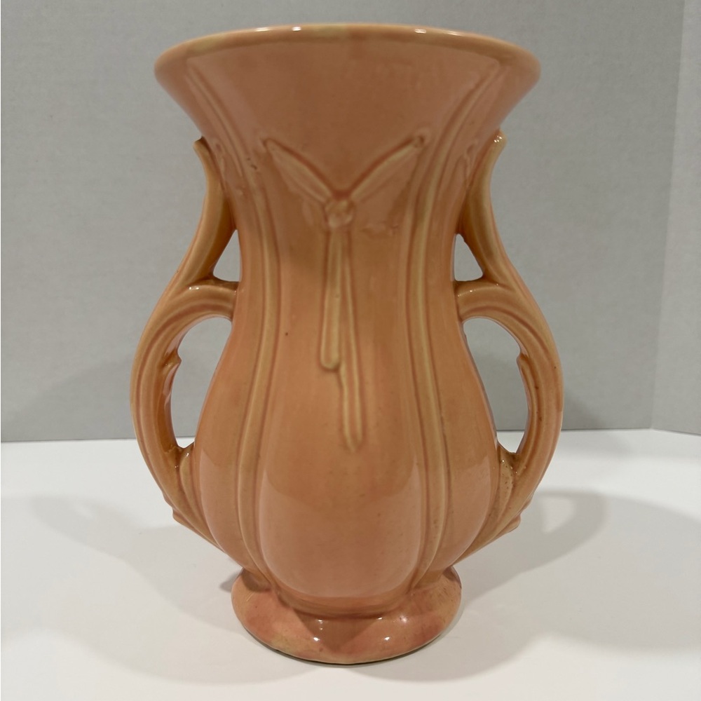 Vintage McCoy Pottery Double-Handled Ceramic Vase in Peach Small Chip (see pic)